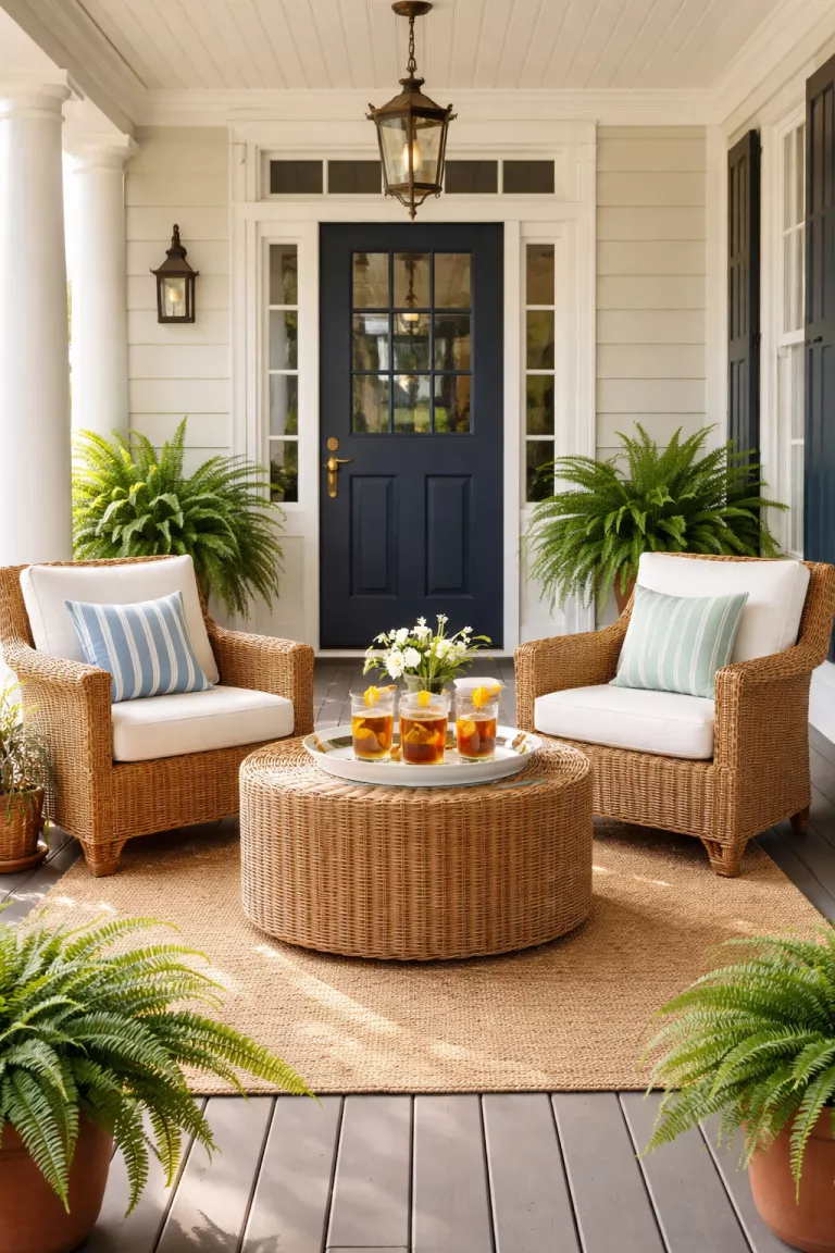 A realistic photo of a typical American home's front porch with two honey colored wicker armchairs featuring white all weather cushions, a central wicker coffee table with a tray of iced tea, and large ferns in terracotta pots.