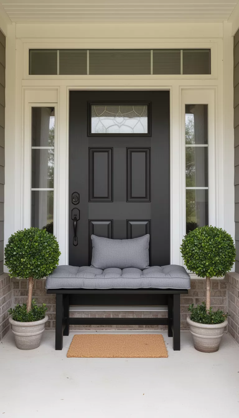 A realistic photo of a typical American home's front porch featuring a sleek black backless bench with a gray tufted cushion, two small potted boxwood trees on either side, and a simple woven doormat.