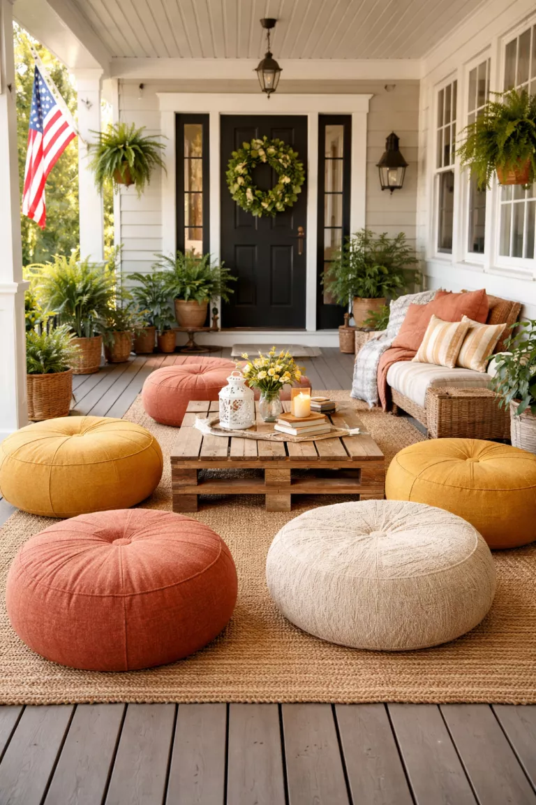 A realistic photo of a typical American home's front porch featuring several oversized terracotta and mustard yellow outdoor floor poufs, a low wooden pallet table, and a layered jute rug on the floor.