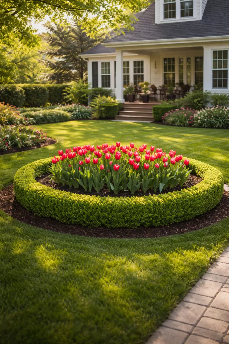 A realistic photo of a traditional American home's backyard featuring a meticulously pruned row of dwarf boxwood shrubs forming a low green hedge border around a circular flower bed filled with red tulips, clear lawn edges, and soft afternoon shadows.