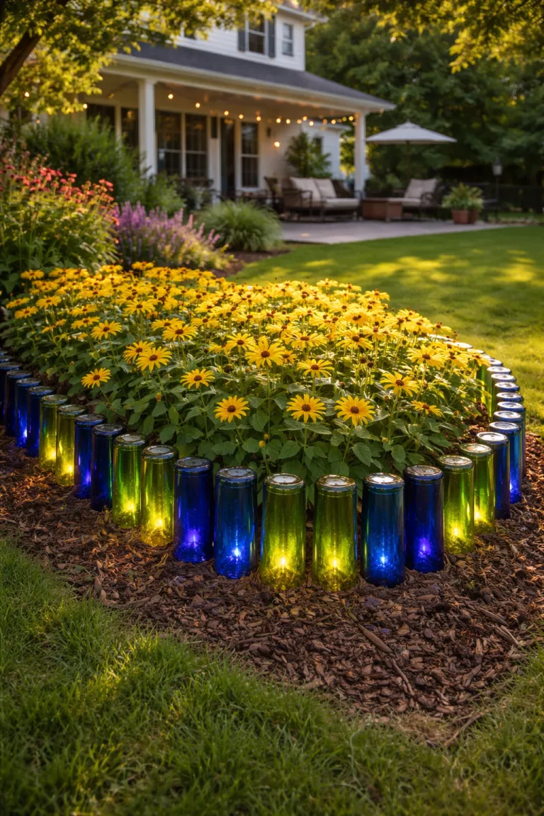 A realistic photo of a traditional American home's backyard with a garden border made of upside-down blue and green glass bottles buried halfway into the dirt, catch the sunlight and glowing, surrounding a bed of yellow flowers.