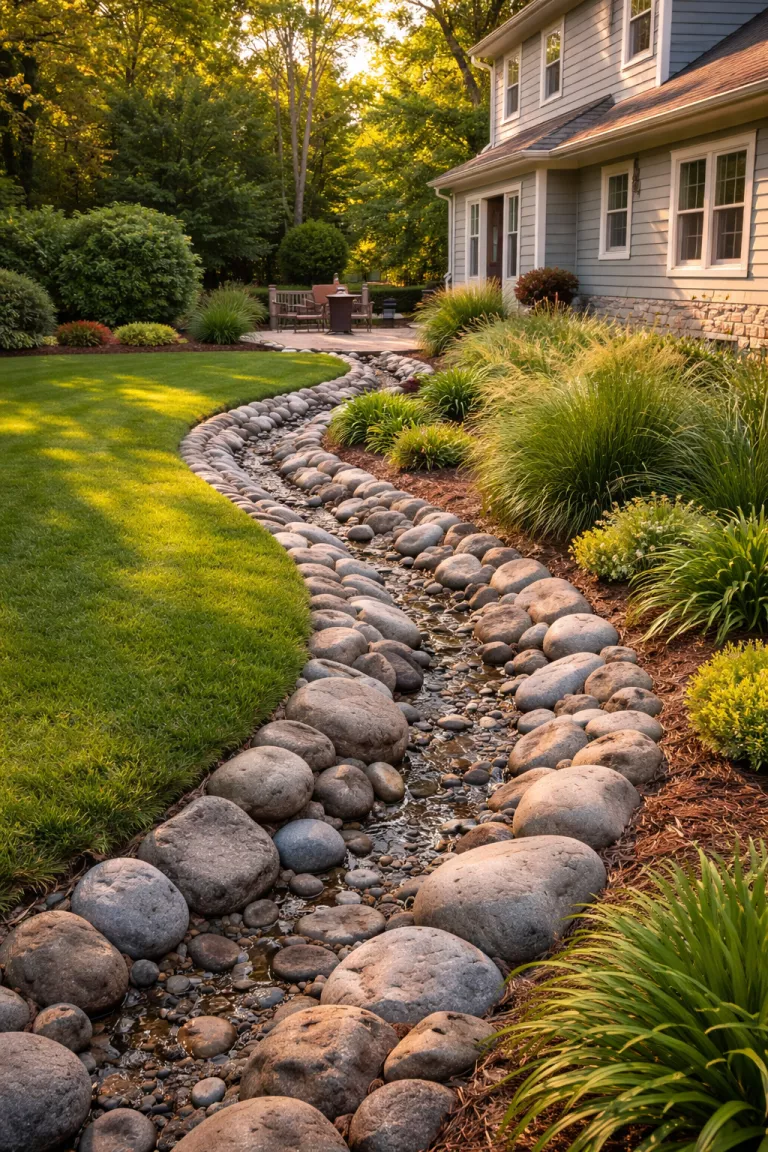 A realistic photo of a traditional American home's backyard with a trench filled with large smooth grey river rocks forming a winding garden border, nestled between a green lawn and a bed of ornamental grasses in the late afternoon.