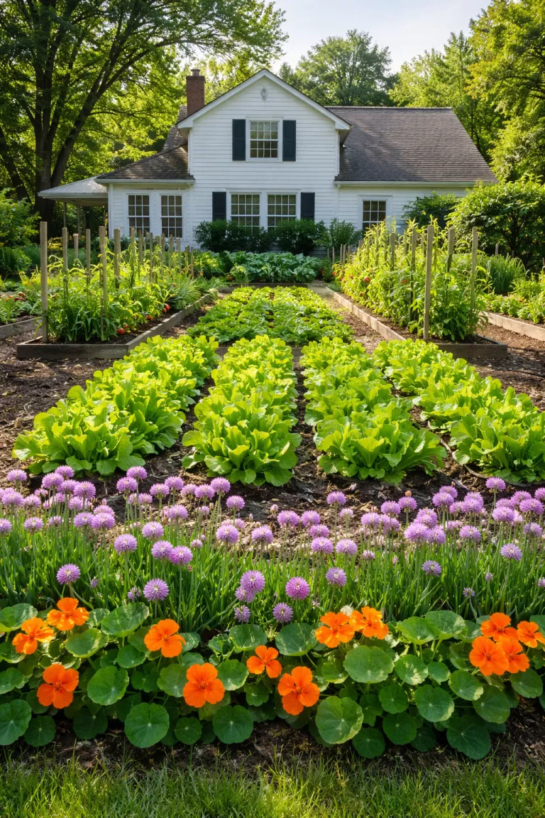 A realistic photo of a traditional American home's backyard with a border of flowering chives and orange nasturtiums, with leafy green lettuce growing behind them, neat rows in a sunny vegetable garden area.