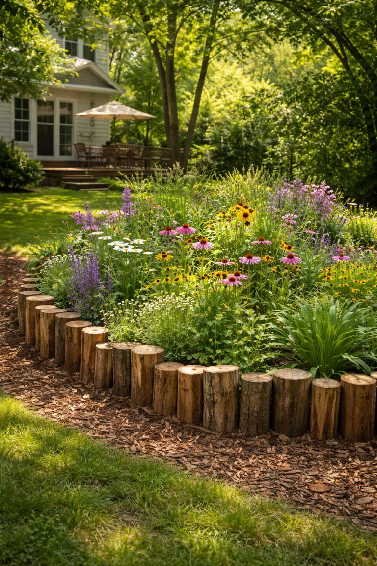 A realistic photo of a traditional American home's backyard showcasing a rustic garden border made of upright vertically placed cedar log slices of varying heights, defining a wildflower garden area, with a mulch path and green leaves visible in the background under dappled light.
