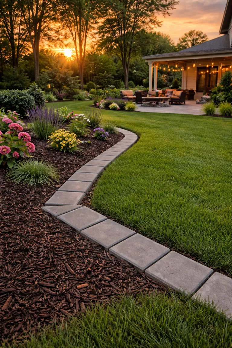 A realistic photo of a traditional American home's backyard featuring grey square concrete pavers set into the ground at a slight angle to create a decorative garden border, separating a dark mulch bed from a bright green lawn area during sunset.