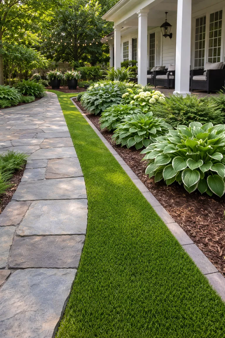 A realistic photo of a traditional American home's backyard showcasing a perfect thin strip of artificial turf acting as a border between a stone walkway and a garden of hostas, with a very clean and manicured appearance.