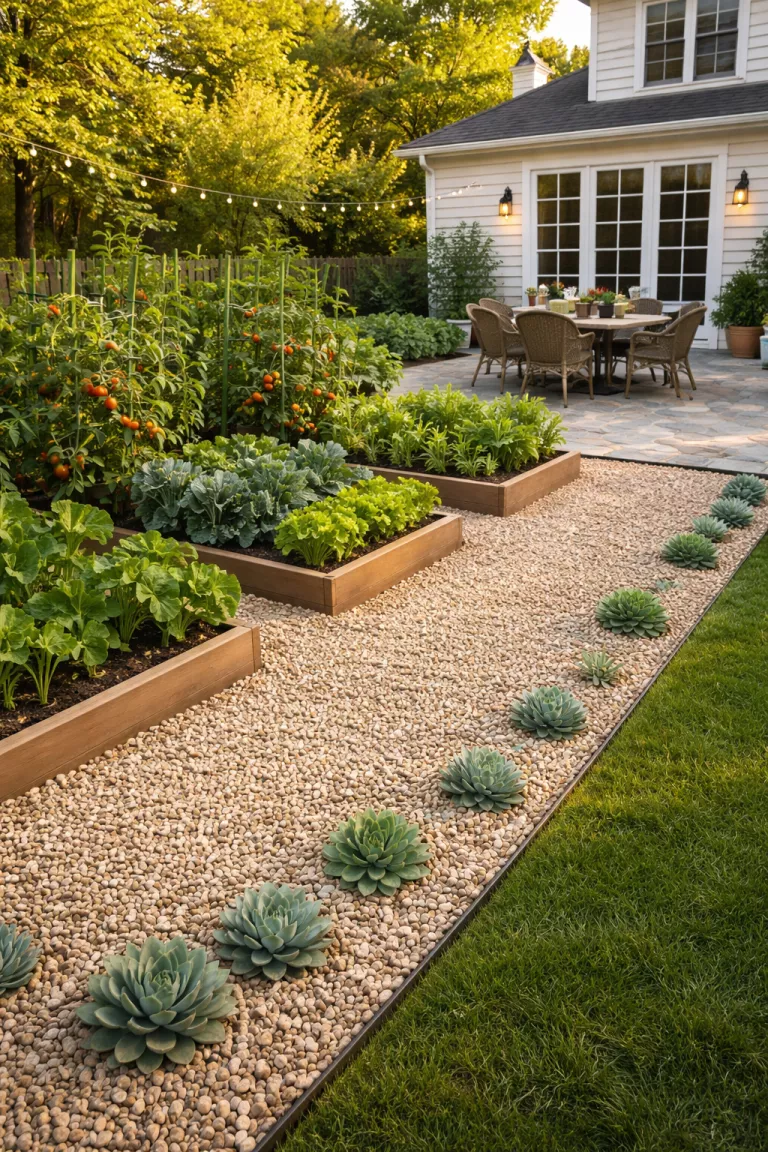A realistic photo of a traditional American home's backyard showing a wide border of light tan pea gravel contained by a hidden metal edge, separating a lush vegetable patch from a stone patio, with small succulent plants interspersed within the gravel.