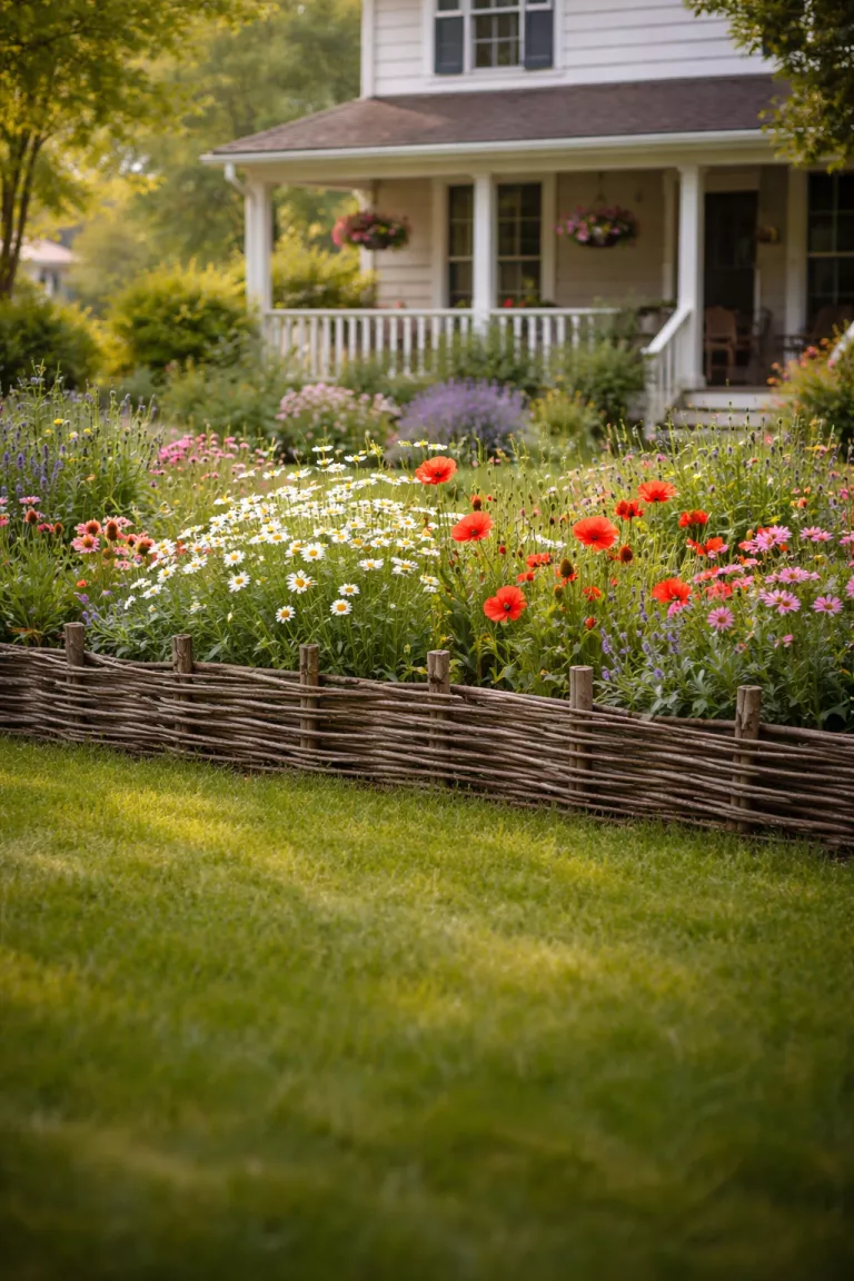 A realistic photo of a traditional American home's backyard featuring a low hand-woven willow branch fence acting as a border for a cottage garden filled with daisies and poppies, with a soft focus on a green lawn in the front.