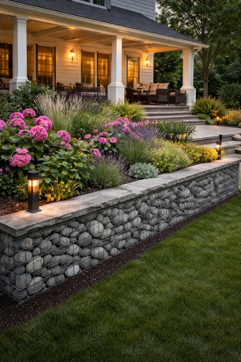 A realistic photo of a traditional American home's backyard featuring wire mesh gabion cages filled with smooth grey river stones, acting as a low garden border and retaining wall for a flower bed, with modern outdoor lighting nearby.