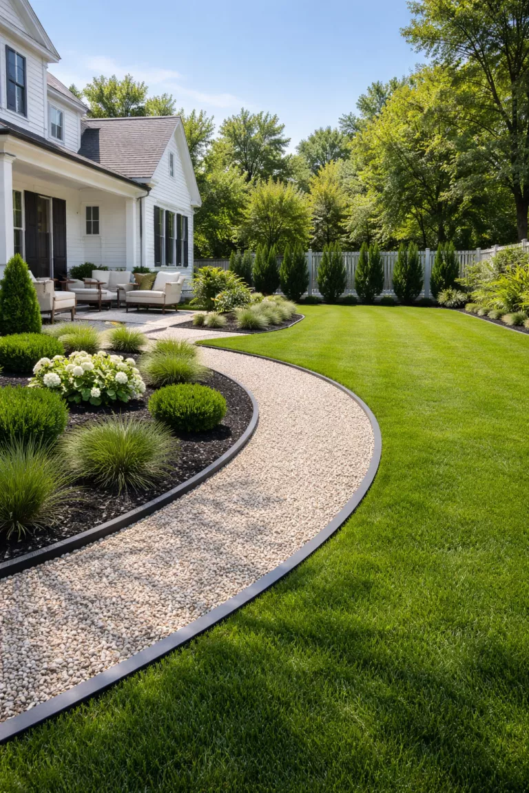 A realistic photo of a traditional American home's backyard with a modern thin black aluminum edging strip creating a perfect curve between a pebble walkway and a green lawn, minimalist plant aesthetic, sharp lines, and professional landscaping under clear blue sky lighting.