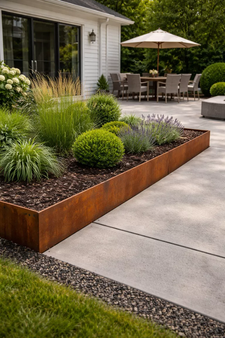A realistic photo of a traditional American home's backyard showing weathered orange-brown Corten steel plates used as a sharp garden border, separating a dark mulch bed from a concrete patio, with clean lines and a contemporary feel.
