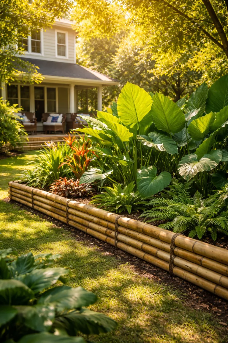 A realistic photo of a traditional American home's backyard featuring a low border made of horizontal bamboo poles lashed together, edging a tropical garden bed with large green leaves, with bright sunlight filtering through the foliage and highlighting the yellow wood.