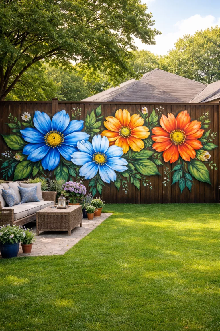 A realistic photo of a typical American home's backyard with a hand painted mural of large blue and orange flowers on a dark brown wooden fence with green grass below.