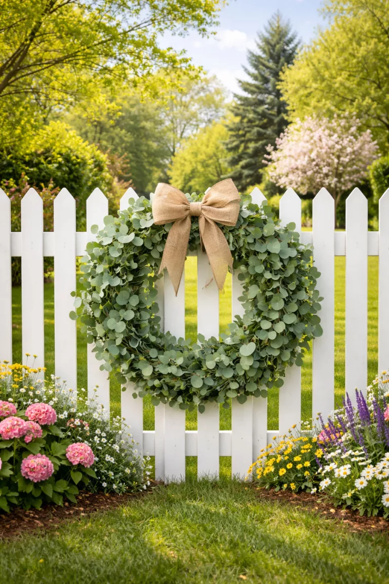A realistic photo of a typical American home's backyard displaying a large green eucalyptus wreath with a burlap bow centered on a white picket fence during a bright spring day.