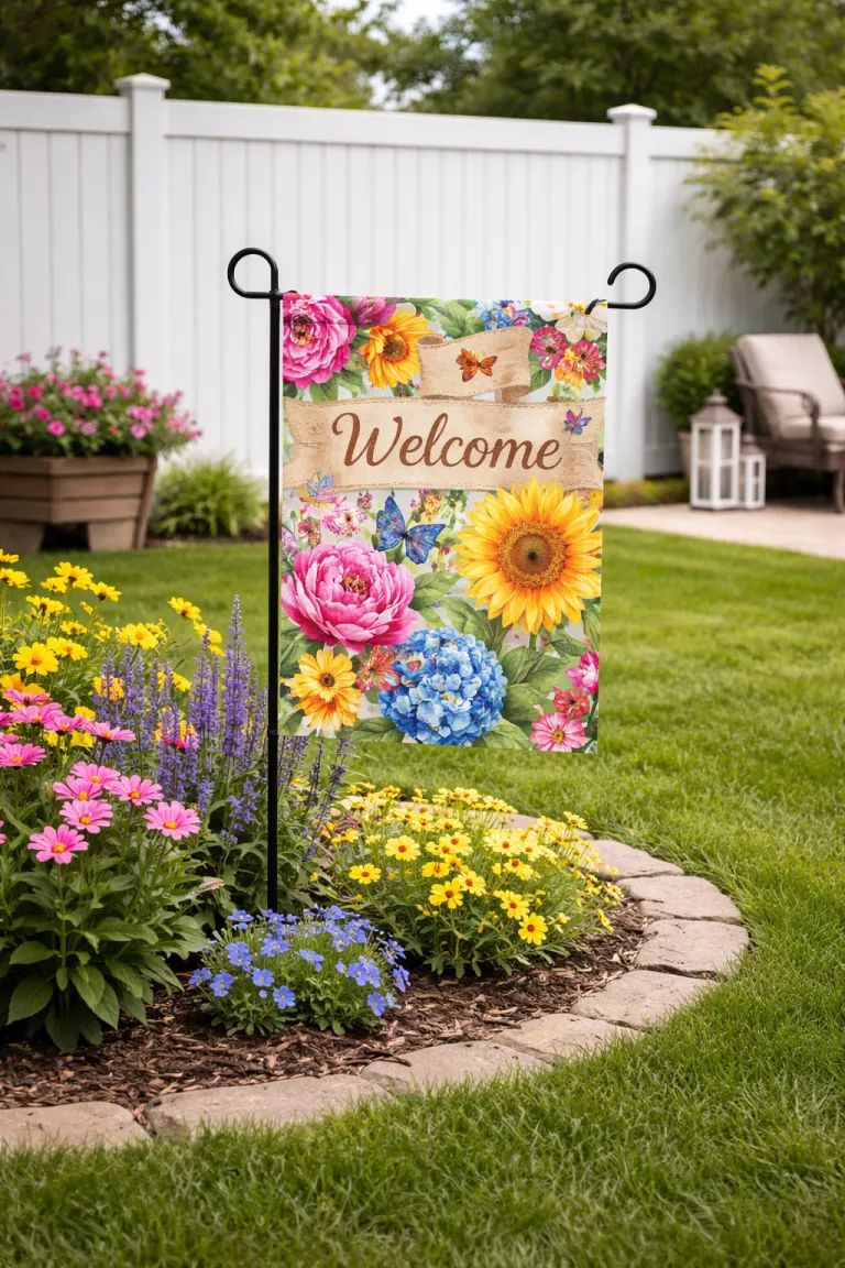 A realistic photo of a typical American home's backyard featuring a small colorful floral garden flag on a black metal pole standing in front of a white fence.