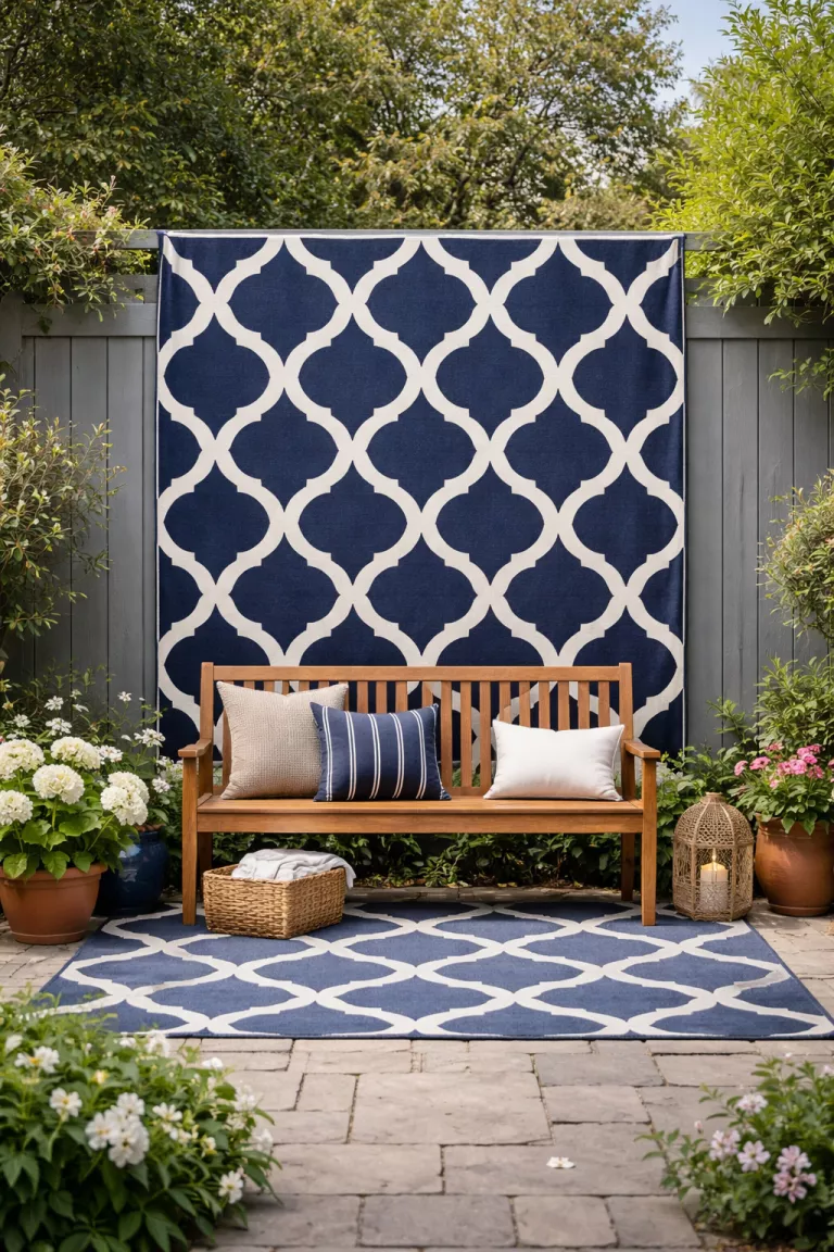 A realistic photo of a typical American home's backyard featuring a large navy blue and white geometric outdoor rug hung vertically on a grey fence behind a wood bench.
