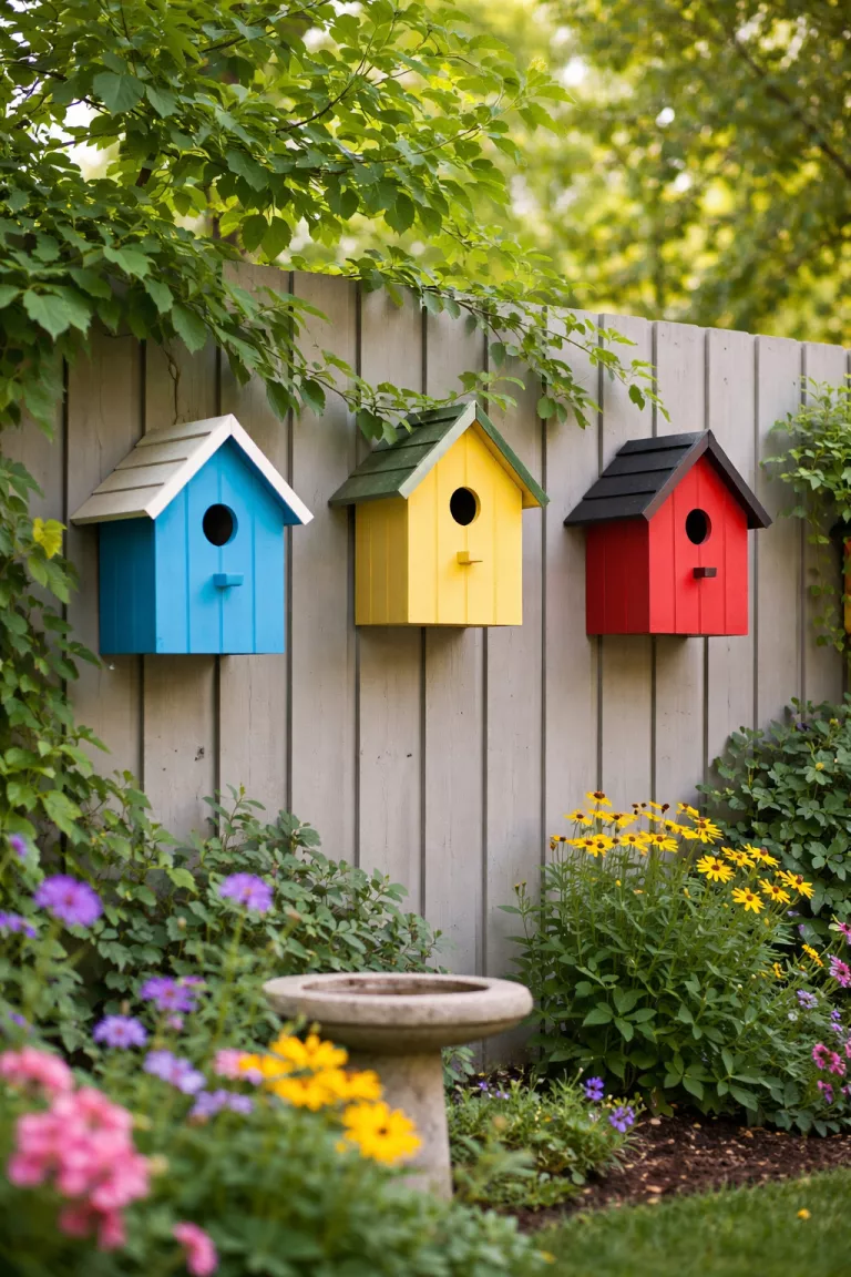 A realistic photo of a typical American home's backyard featuring three colorful wooden birdhouses in blue, yellow, and red mounted at different heights on a light grey fence surrounded by green leaves.