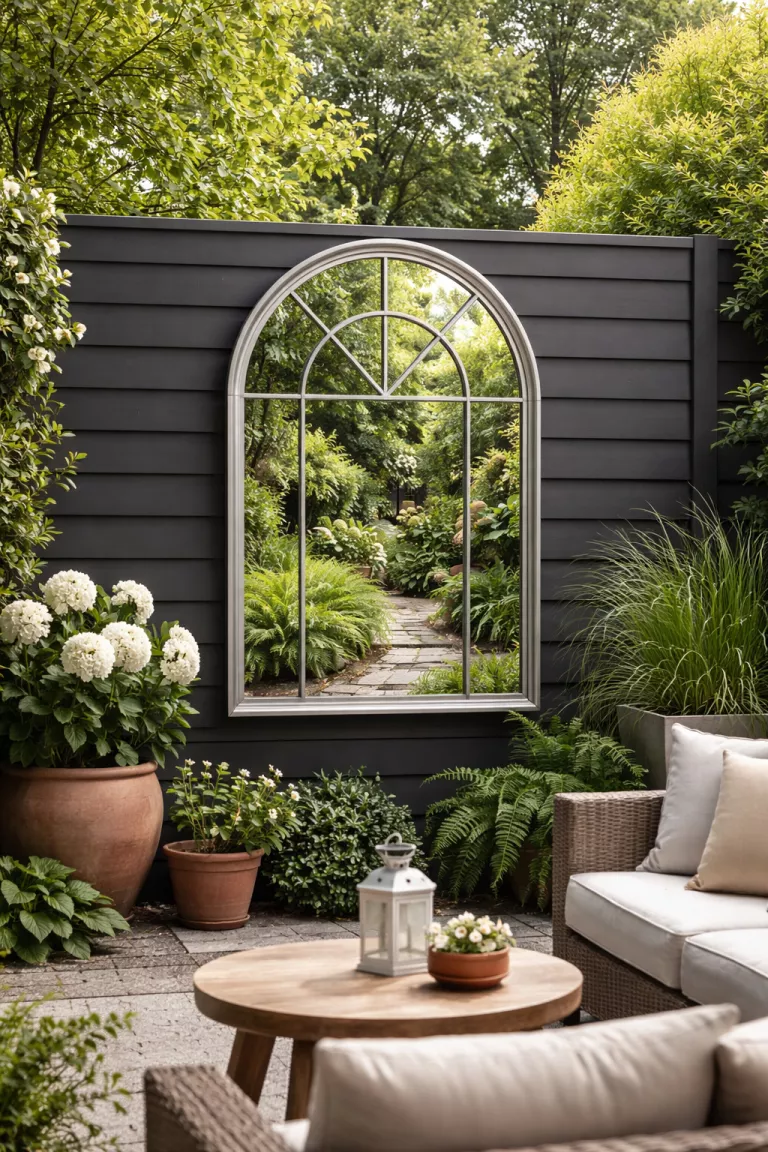 A realistic photo of a typical American home's backyard featuring an arched window style silver mirror mounted on a dark horizontal slat fence reflecting a lush green garden.