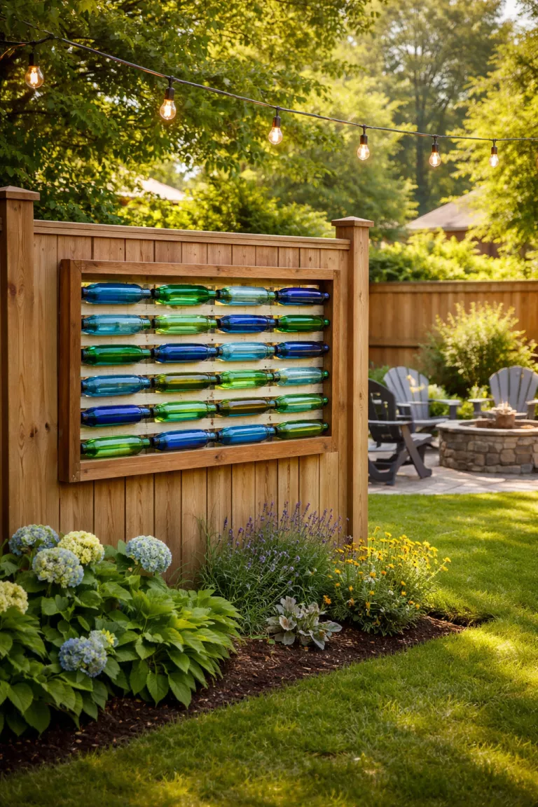 A realistic photo of a typical American home's backyard featuring a collection of blue and green glass bottles mounted horizontally inside a wooden frame on a sunlit fence.