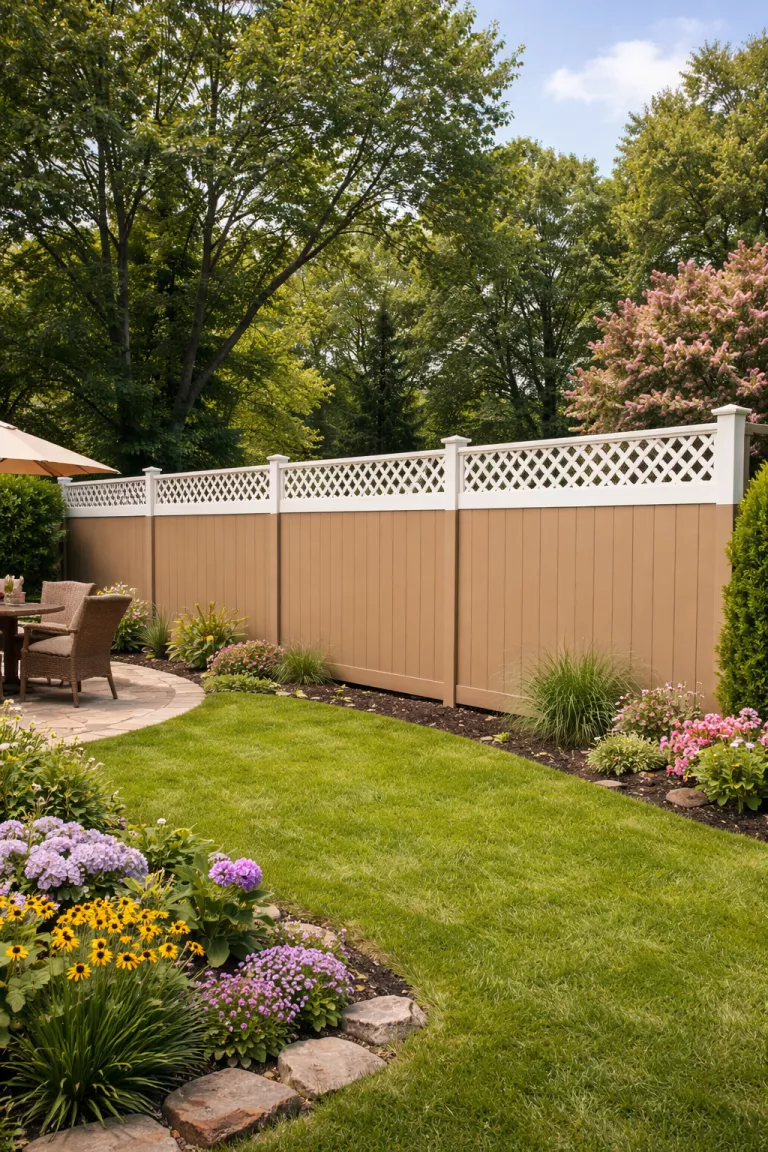 A realistic photo of a typical American home's backyard showing white decorative lattice toppers attached to the top of a tall tan privacy fence for extra height and style.