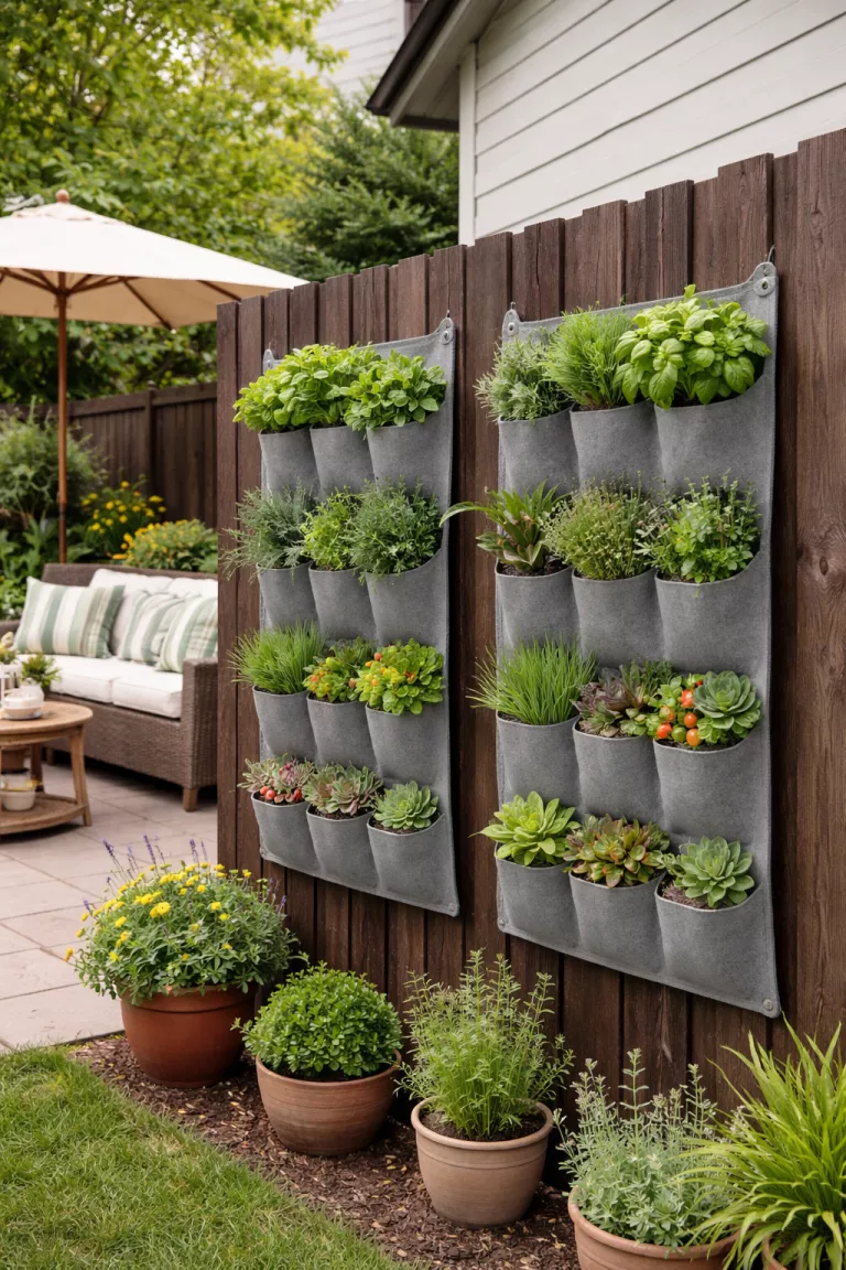A realistic photo of a typical American home's backyard with a vertical garden made of grey felt pocket planters filled with green culinary herbs and small succulents attached to a dark wood fence.