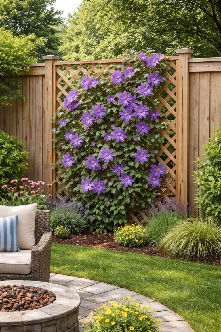 A realistic photo of a typical American home's backyard featuring a wooden diamond lattice trellis with purple clematis flowers climbing up a tall privacy fence in full bloom.