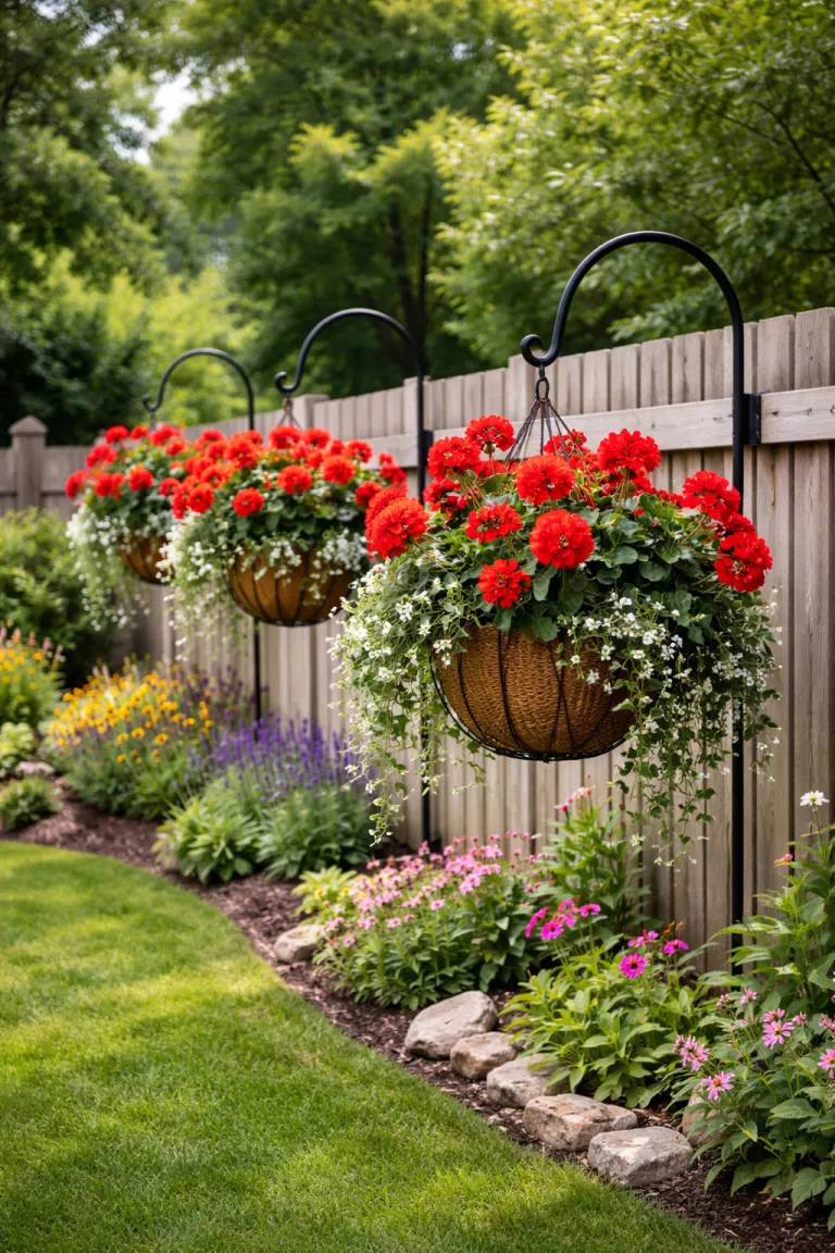 A realistic photo of a typical American home's backyard featuring overflowing hanging baskets with red geraniums on black shepherd hooks attached to a wooden fence.