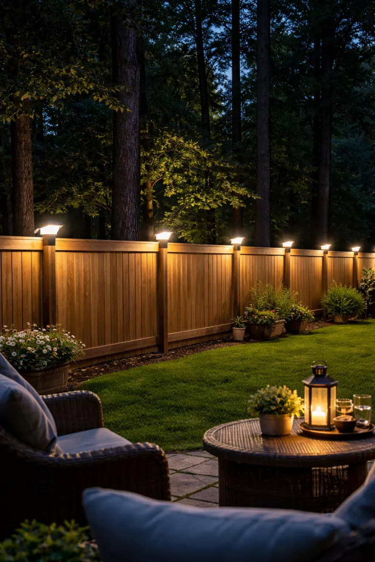 A realistic photo of a typical American home's backyard showing several black solar post cap lights shining brightly on a wooden fence at night surrounded by tall trees.