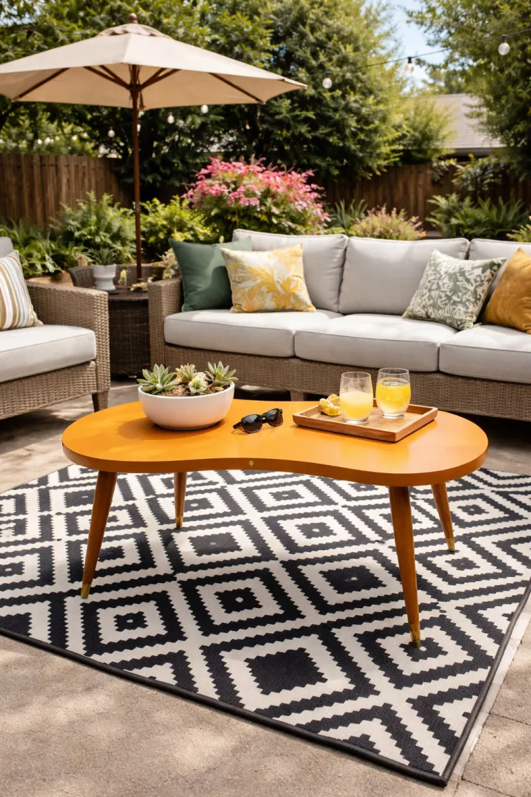 A realistic photo of a typical American home's backyard featuring a retro kidney shaped coffee table with an ochre orange finish and tapered wooden legs, placed on a graphic black and white outdoor rug.