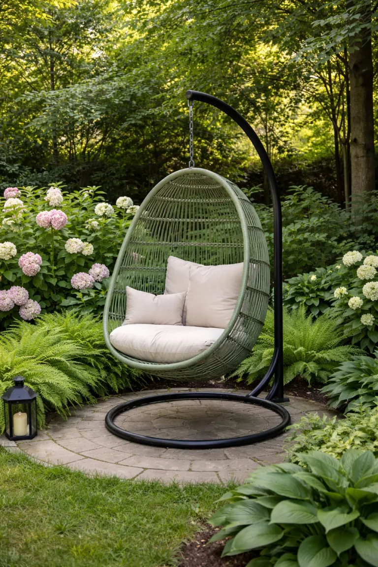 A realistic photo of a typical American home's backyard with a synthetic sage green rattan egg chair hanging from a black metal stand, surrounded by lush ferns and flowering hydrangeas in a shaded garden corner.