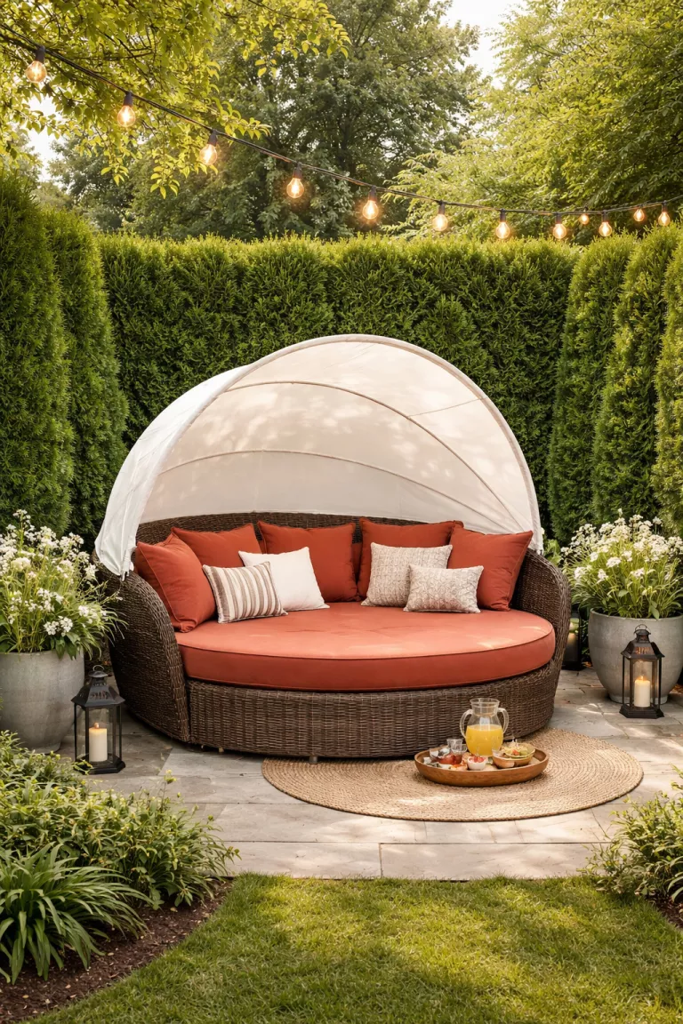 A realistic photo of a typical American home's backyard with a large wicker daybed featuring a white canopy and deep terracotta cushions, nestled in a private alcove surrounded by tall privacy hedges.