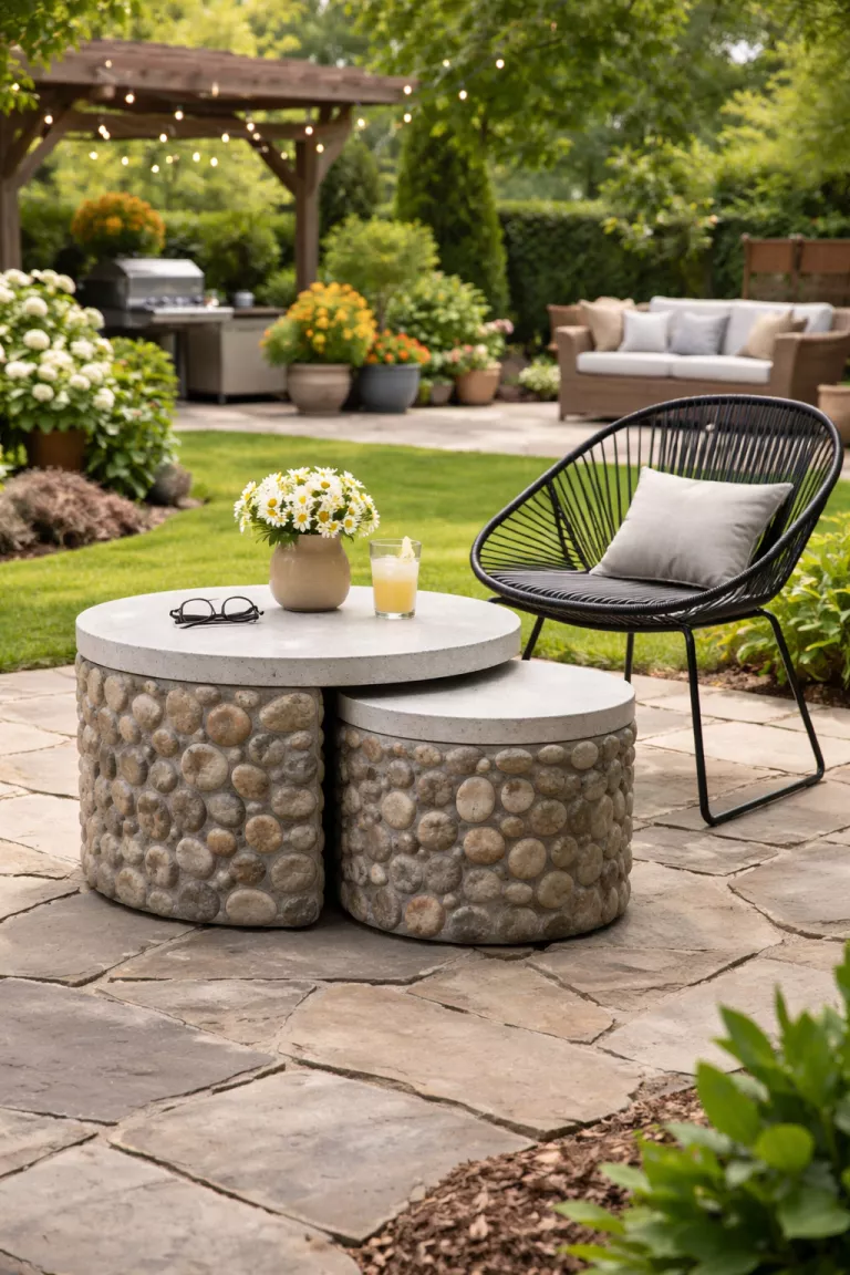 A realistic photo of a typical American home's backyard showcasing a set of two nesting concrete accent tables with a river stone texture, paired with a modern black wire chair on a flagstone patio.