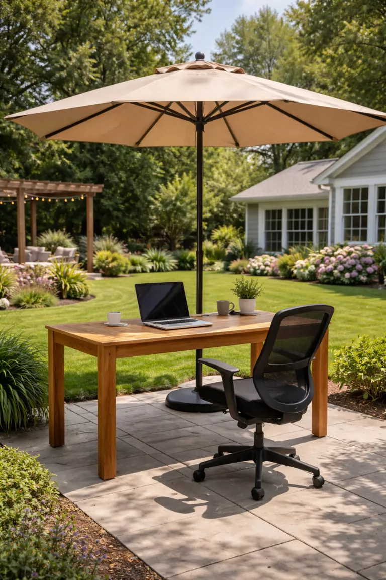 A realistic photo of a typical American home's backyard featuring a teak outdoor desk and an adjustable ergonomic swivel chair with a black mesh back, positioned under a large patio umbrella.