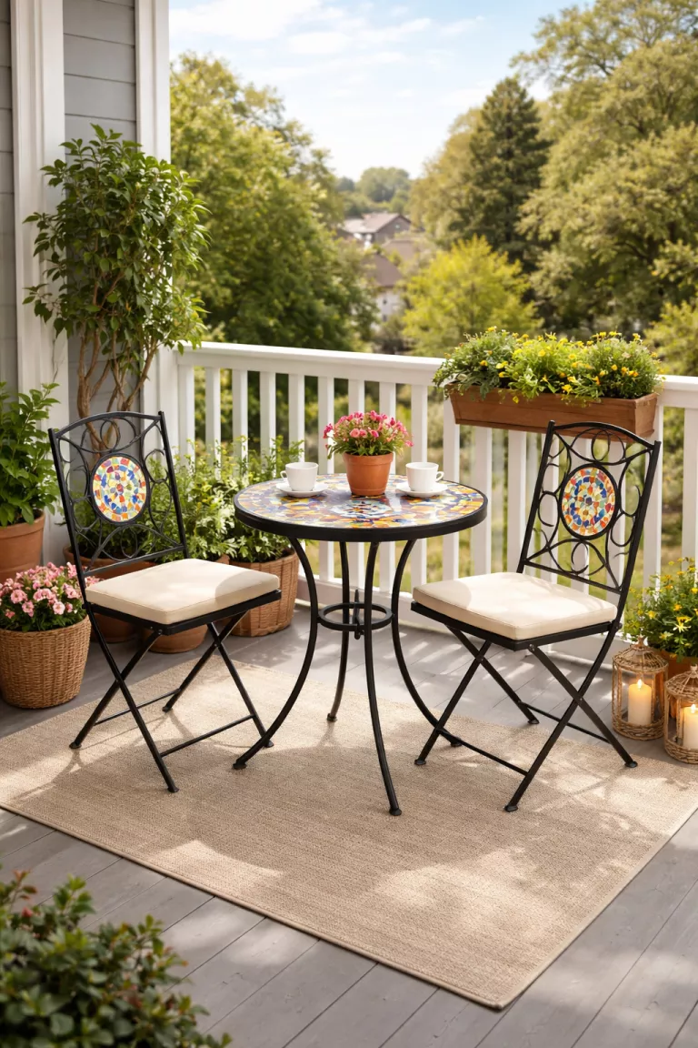 A realistic photo of a typical American home's balcony featuring a small three piece bistro set with a black wrought iron frame, a colorful Spanish tile tabletop, and two matching folding chairs.