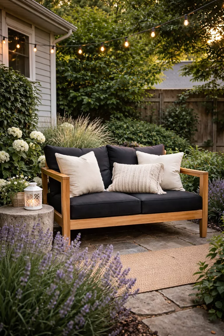 A realistic photo of a typical American home's backyard with a compact teak love seat featuring black performance fabric cushions and several ivory decorative pillows, situated in a small garden nook with lavender plants.