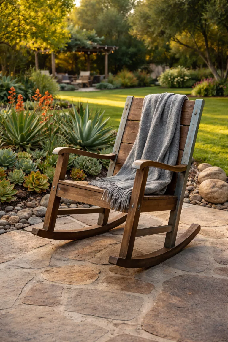 A realistic photo of a typical American home's backyard showing a solo reclaimed wood rocking chair with galvanized metal accents and a thick grey wool throw blanket, sitting on a stone patio near succulents.