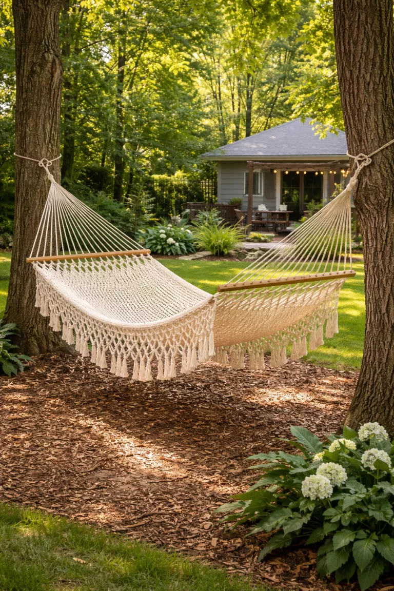 A realistic photo of a typical American home's backyard with a double sized cotton rope hammock in a cream color with fringe details, hung between two large trees over a bed of natural mulch.