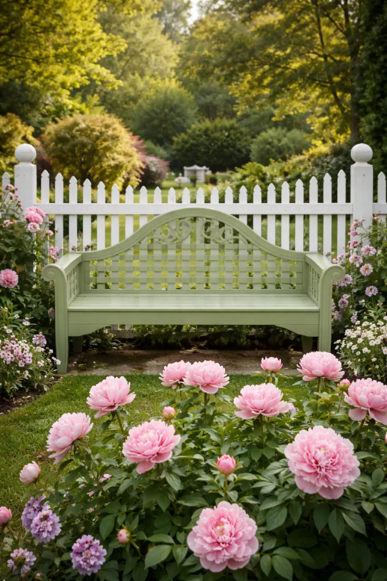 A realistic photo of a typical American home's backyard featuring an elegant wood Lutyens style bench painted in a soft pea green, placed in front of a white picket fence and surrounded by pink peonies.
