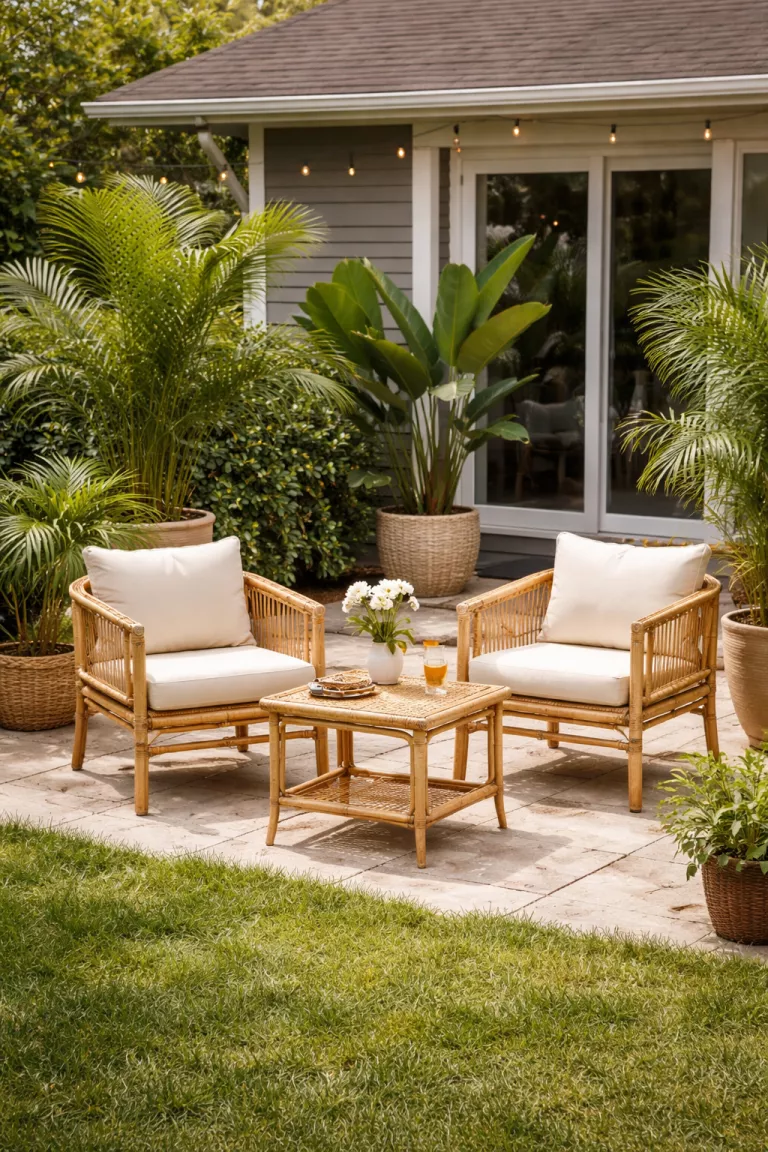 A realistic photo of a typical American home's backyard showing a bamboo lounge set with a small table and two chairs featuring natural woven accents and cream cushions, surrounded by tropical palm plants in pots.