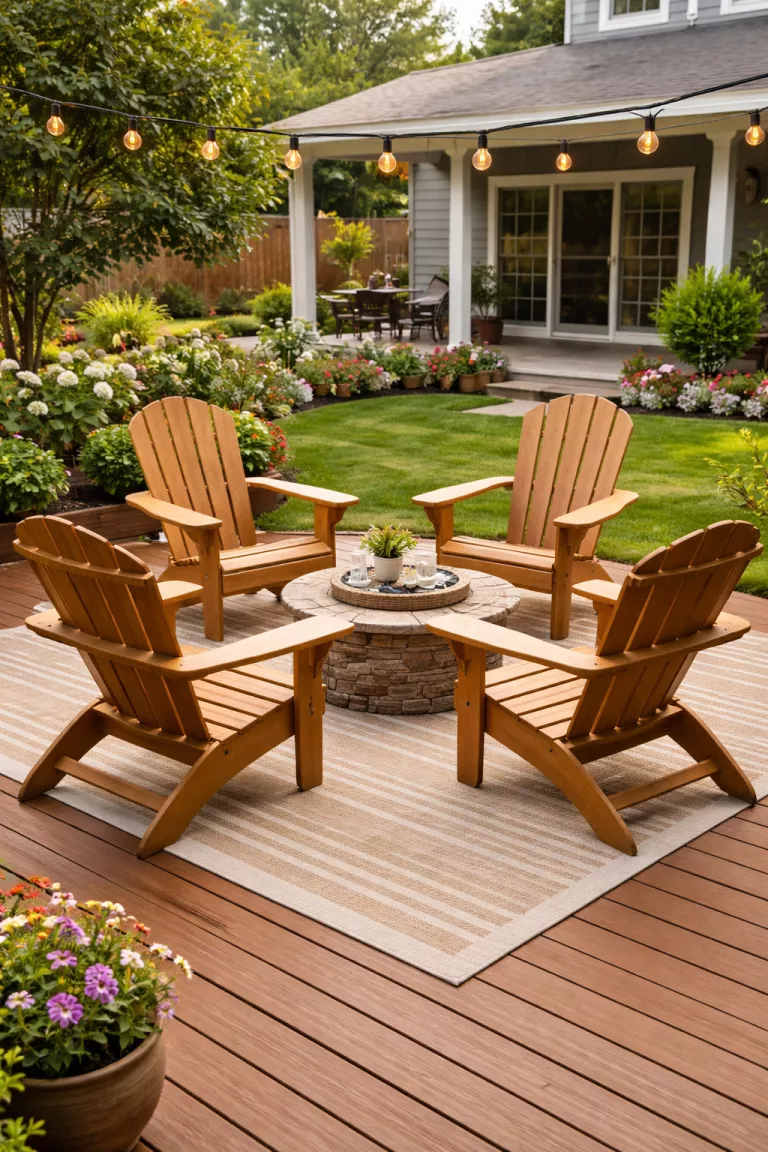 A realistic photo of a typical American home's backyard featuring four recycled plastic adirondack chairs in a teak color, arranged in a circle on a wood deck.