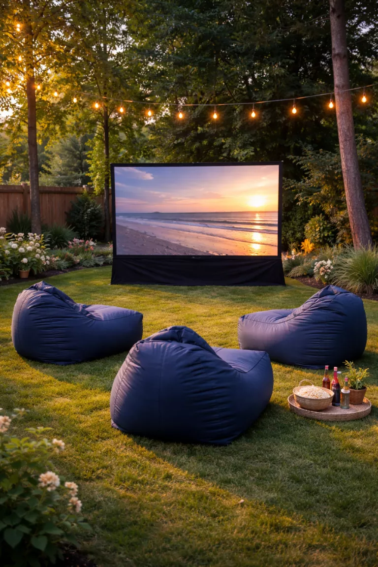 A realistic photo of a typical American home's backyard showcasing three large navy blue weatherproof bean bags arranged around an outdoor movie screen on a flat grassy area.