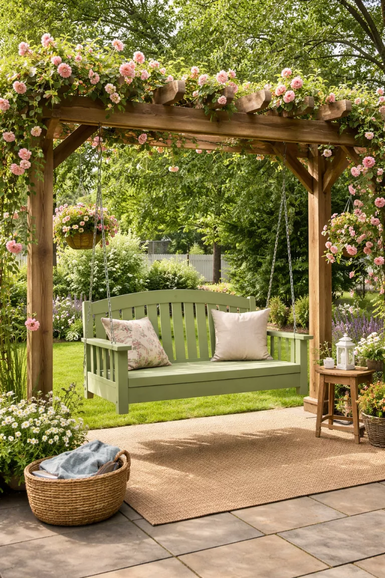 A realistic photo of a typical American home's backyard showing a two person wooden porch swing painted a soft pea green, suspended by heavy duty chains under a wooden pergola with climbing roses.
