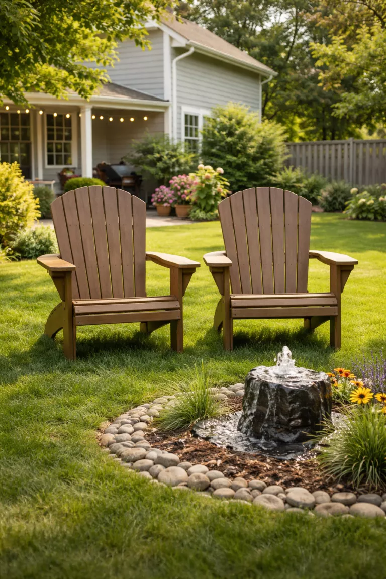 A realistic photo of a typical American home's backyard featuring a pair of recycled plastic adirondack chairs in a wood grain earthy brown finish, placed on a grassy lawn next to a small bubbling fountain.