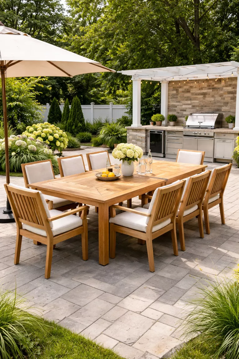 A realistic photo of a typical American home's backyard featuring a large rectangular FSC certified teak dining table with eight matching chairs, decorated with neutral performance fabric cushions, situated on a paved area near an outdoor kitchen.