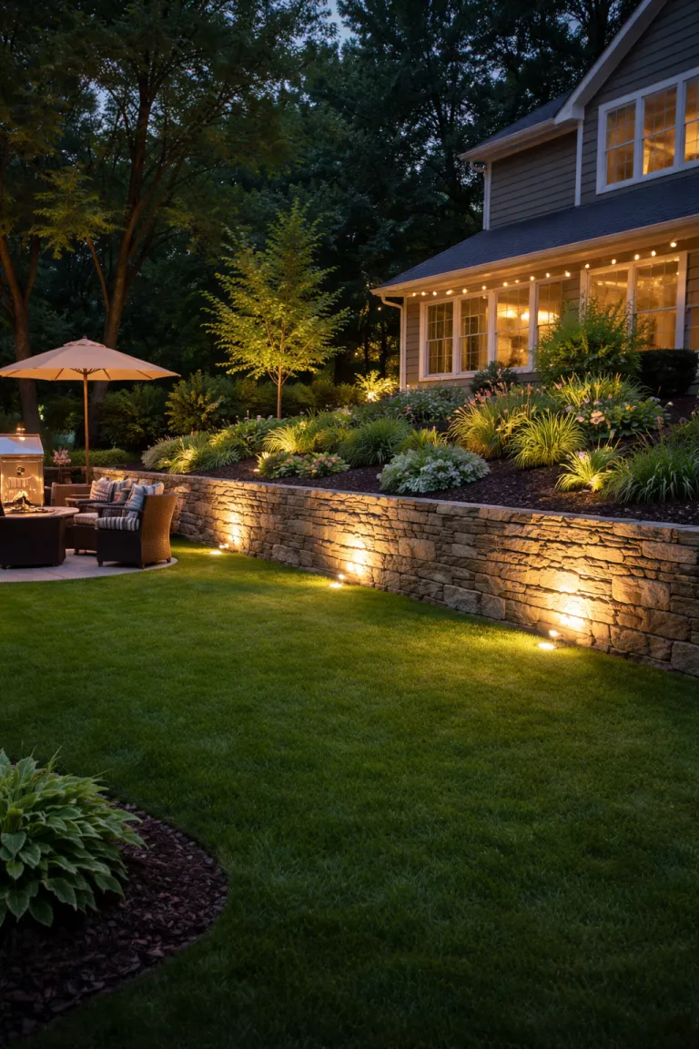 A realistic photo of a typical American home's backyard with wide beam floodlights at the base of a textured stone retaining wall.