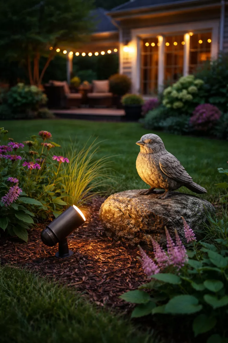 A realistic photo of a typical American home's backyard showing a small bronze spotlight focused on a stone garden statue of a bird.