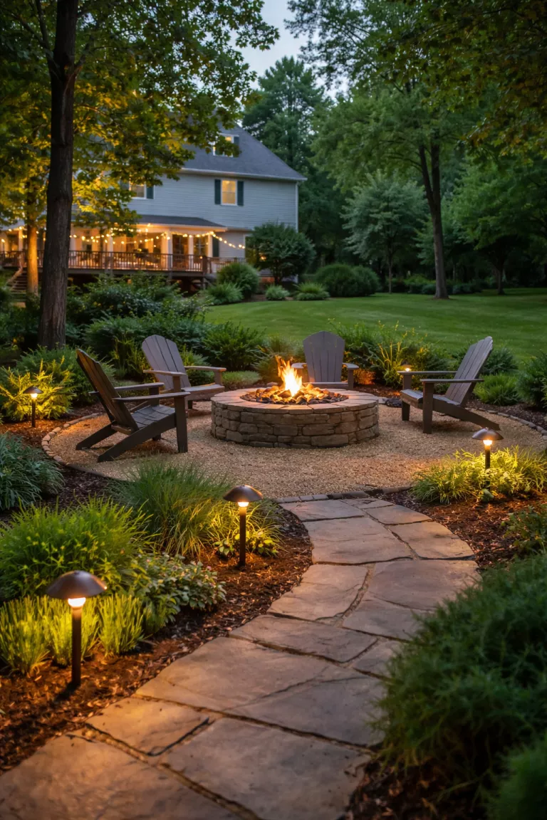 A realistic photo of a typical American home's backyard with low-level bronze LED path lights surrounding a stone fire pit area with Adirondack chairs.