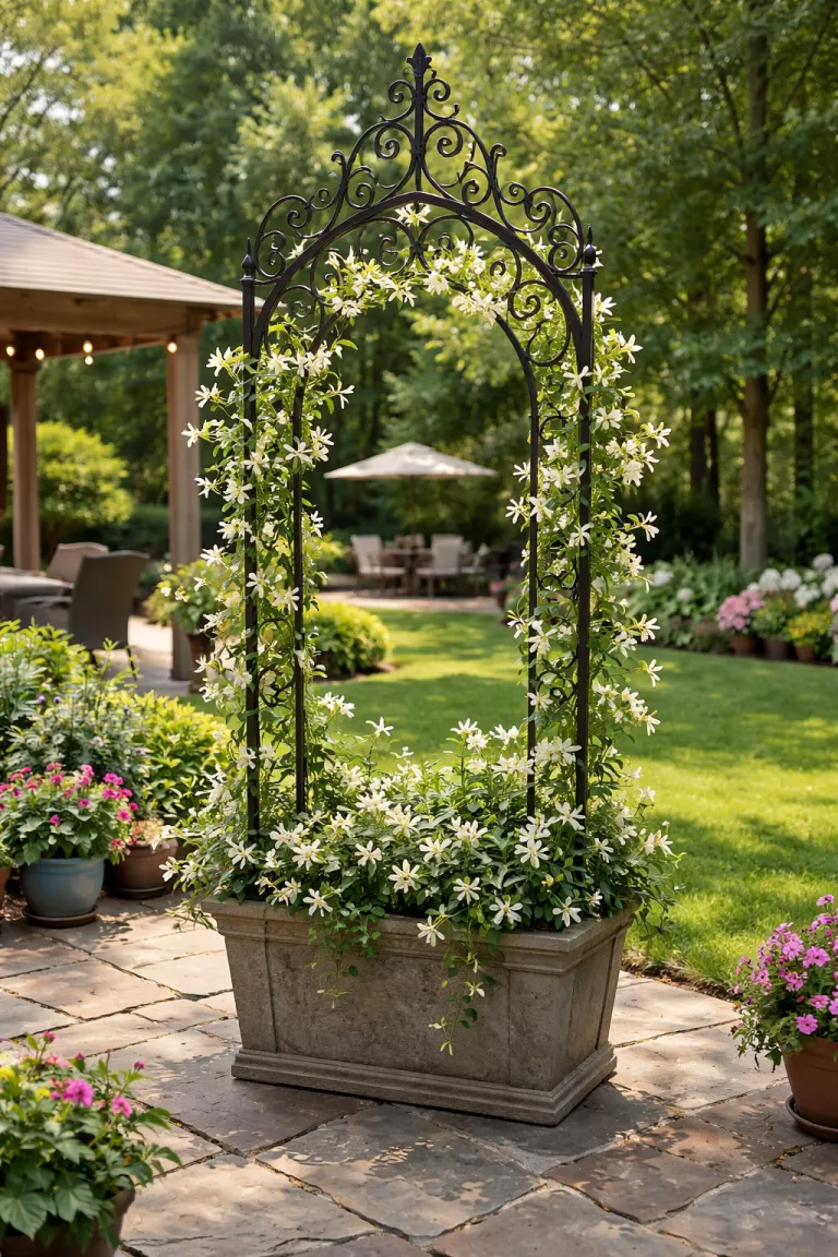A realistic photo of a typical American home's backyard featuring an ornate black wrought iron trellis with swirling scrollwork, anchored in a stone patio container with fragrant white jasmine vines climbing the metal.