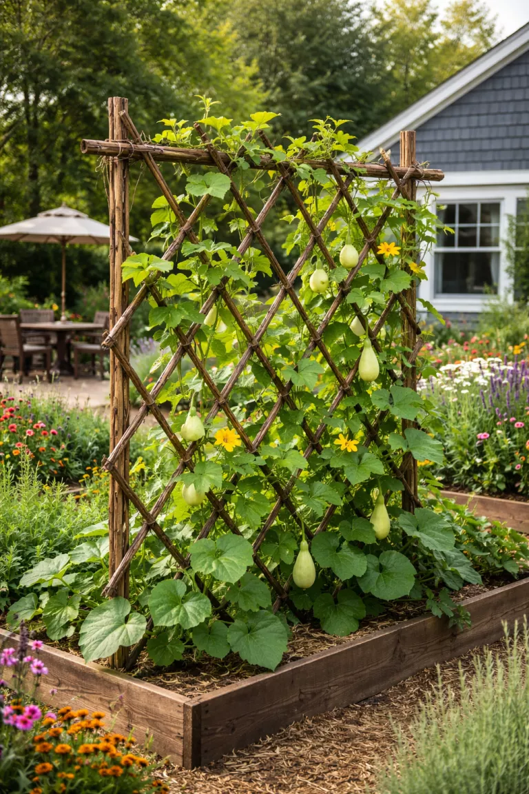 A realistic photo of a typical American home's backyard showcasing a handmade trellis woven from brown willow branches in a diamond pattern, supporting light green squash vines in a cottage garden.