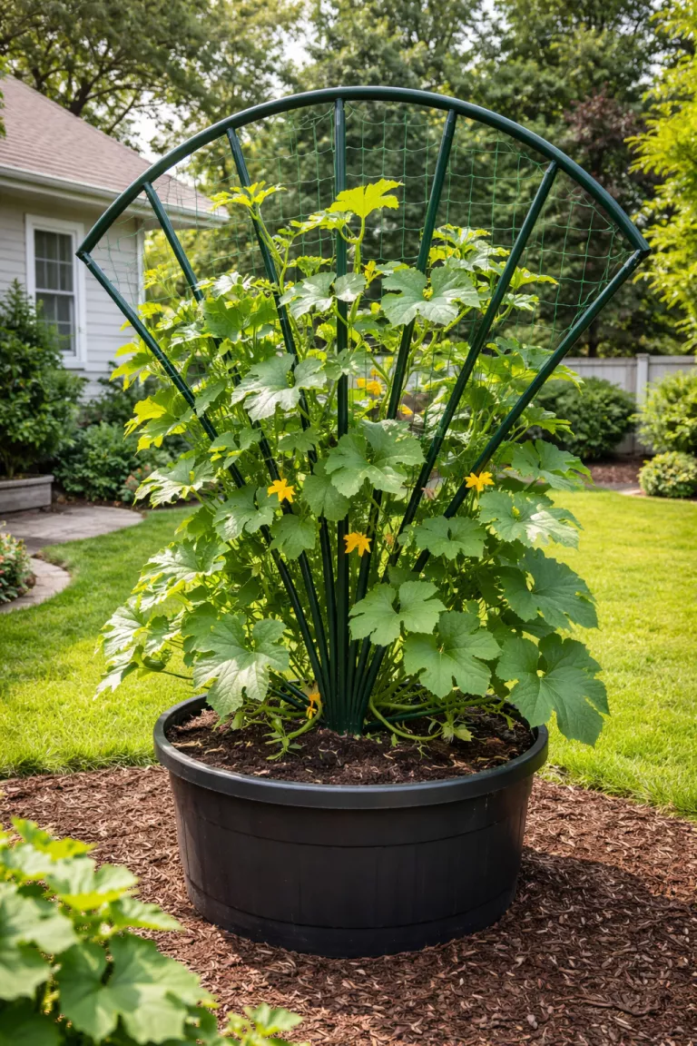 A realistic photo of a typical American home's backyard featuring a fan-shaped trellis made of white pvc pipes painted dark green, supporting climbing zucchini plants in a large black container.